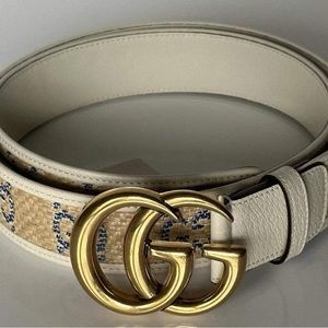 GUCCI WOMEN’S RAFIA GG MARMONT WIDE BELT IN NUDE , MADE IN ITALY